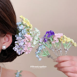 Floral Cluster U-Pin Hair Pins Six Colors Green Stems