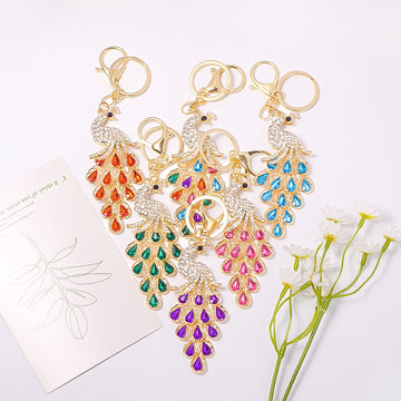 Rhinestone Peacock Keychain Teardrop Tail Gold Clasp Six Colors