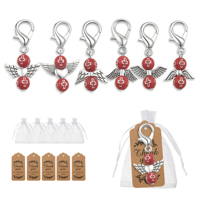 Six red bead angel keychains with bags and kraft tags