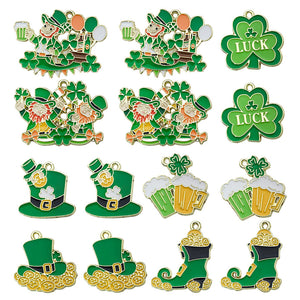 Enamel St Patrick's Day Charms, Green Clover Hat and Beer, Gold Tone