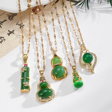 Green Jade-Look Gourd Bamboo Pendant Necklaces Gold Chain 5 Styles