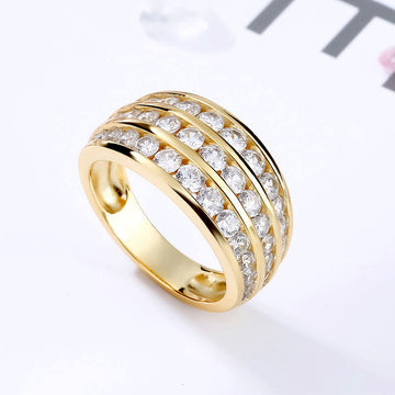 Triple-Row Round Clear Stone Wide Band Ring In Gold Tone