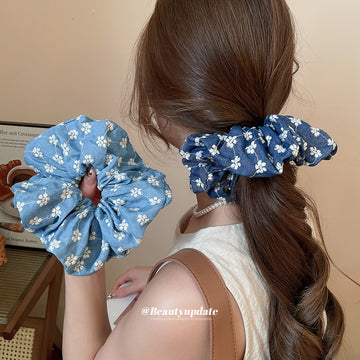 Blue White Floral Embroidered Fabric Scrunchie 3 Styles