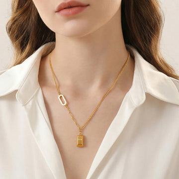 Gold Bar Pendant Necklace With Oval Link LOVE GOLD Lettering