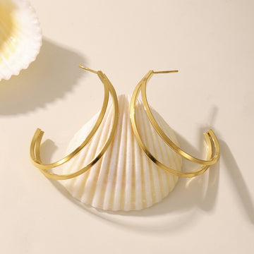 Geometric C Stud Earrings Double Line and Solid Gold Steel