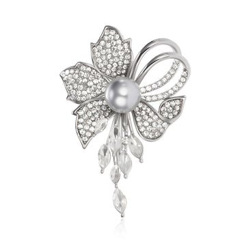 Flower Crystal Pearl Look Two Designs Metal Brooch Pin 6 x 4 cm