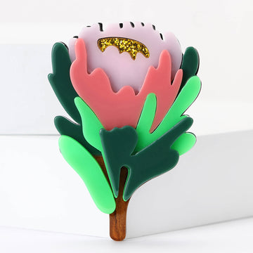 Layered Pink and Green Acrylic Botanical Flower Brooch