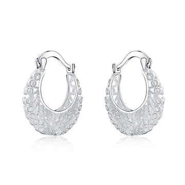 Silver Tone Filigree Lace Openwork Hoop Earrings Pair