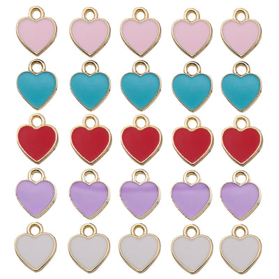 Colorful heart charms arranged on a light background