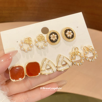 Gold Multi Pair Stud Earring Set Pearl Triangle Bow Red