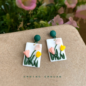 Polymer Clay White Tulip Rectangle Drop Earrings Green Stud