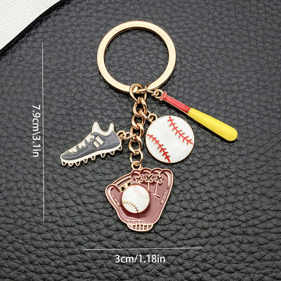 Front product photo of baseball glove shoe and ball enamel keychain showing the pictured design arrangement