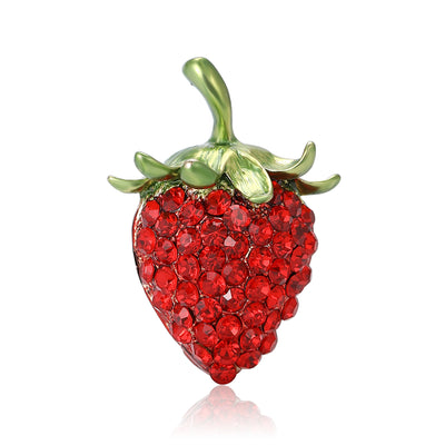 Front view of the red crystal strawberry brooch with green leaf cap decorative clothing pin on a white background