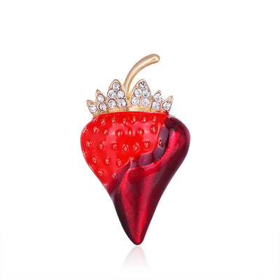 Front product view of the strawberry brooch pin in red and gold