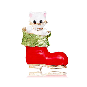 Zinc Alloy Enamel Cat in a Red Christmas Boot Brooch, 3.7 cm Tall