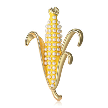 Yellow Corn Cob Brooch With Rows of White Pearl Beads
