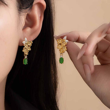 Green Floral Leaf Gold Tone Long Dangle Stud Earrings