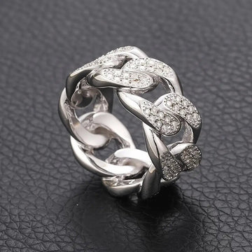 Silver Tone Clear Stone Curb Chain Wide Band Ring Polished Metal Jewelry