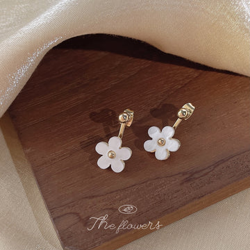 Gold Acrylic Flower Ear Jacket Earrings White Black Dual Wear