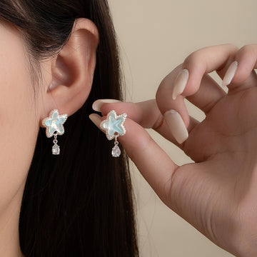 Aqua Starfish Clear Halo Teardrop Dangle Stud Earrings