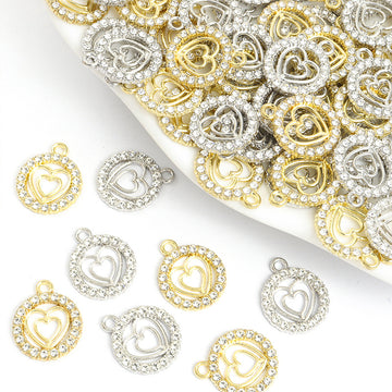Round Crystal Heart Charms in Gold Tone and Silver Tone