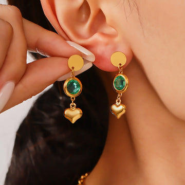 Gold Disc Czech Glass Heart Drop Earrings Multi Colors
