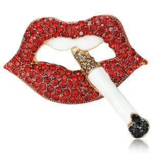 Alloy Enamel Lips Brooch with a Cigarette, Pink or Red Stones