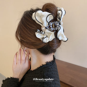 White Satin Bow Hair Claw With Black Piping And Pearl Like Center