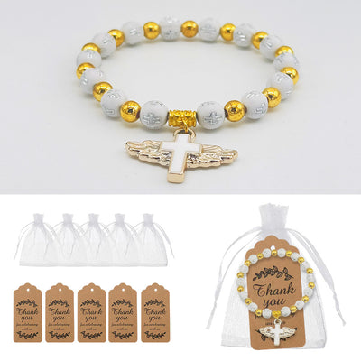 White and gold tone cross bead bracelet shown with organza bags and thank-you tags.