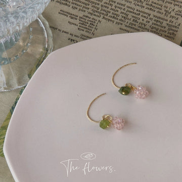 Gold Tone Green Leaf And Pink Flower Fruit Hook Earrings