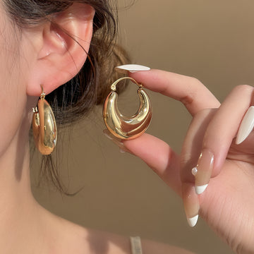 Gold Tone Puffy Irregular Wide Hoop Huggie Earrings
