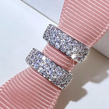 White Metal Pave Wide Huggie Hoop Earrings Flower Cutout