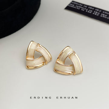 Gold Triangle Stud Earrings Cream Enamel Open Geometric