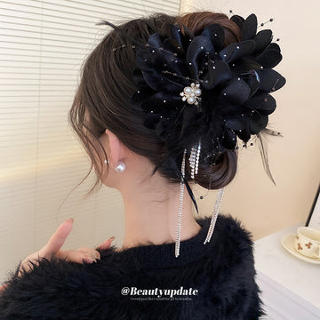 Black Floral Hair Claw With Pearl Like Center And Crystal Chain Fringe