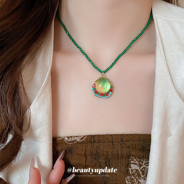 Green Seed Bead Necklace Round Green Pendant Rhinestone Trim