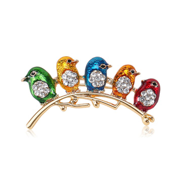 Five Colorful Birds on Branch Enamel Brooch in Three Finishes