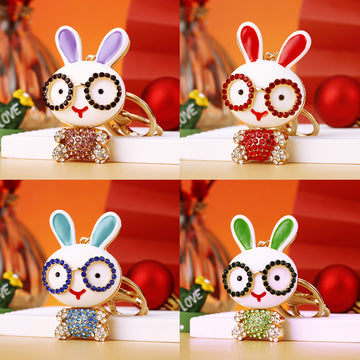 Jeweled Eyeglass Rabbit Keychain with White Enamel and Crystal Details