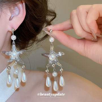 Starfish Pearl Tassel Earrings in Antique Silver Tone