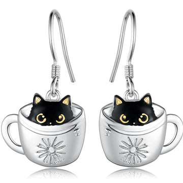Silver Tone Black Cat Coffee Cup Hook Drop Earrings