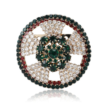 Round Crystal Wreath Brooch Emerald Center Red Green Rim