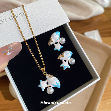 White Blue Enamel Pearl Starfish Necklace Earring Set