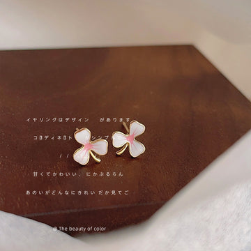 Mini White Pink Enamel Three Petal Flower Gold Tone Studs