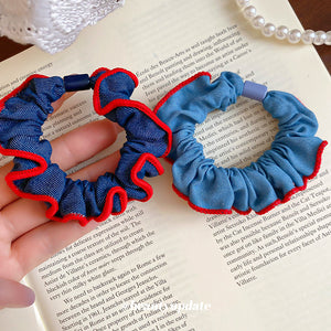 Denim Ruffle Edge Scrunchie Red Trim Light Blue Hair Tie