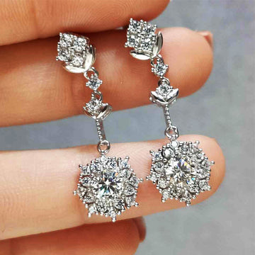 Silver Tone Geometric Clear Stone Cluster Drop Earrings