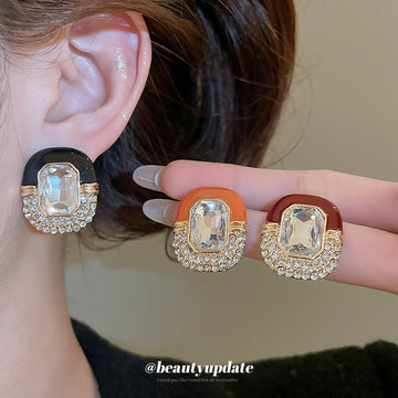 Crystal Framed Enamel Oval Stud Earrings Decorative Jewelry Design
