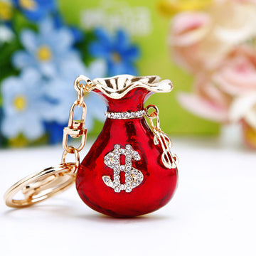 Jeweled Dollar Money Pouch Keychains in Red Purple and Gold