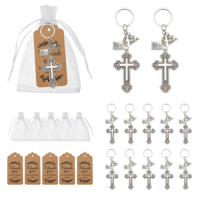 Packaging overview shows the ornate cross and scripture keychain with an organza bag and kraft tags.