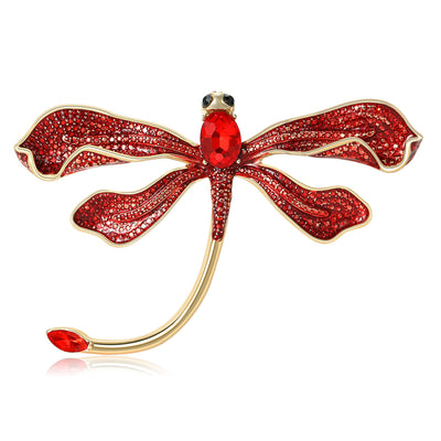 Front view of long tail dragonfly brooch with colored crystals decorative metal pin
