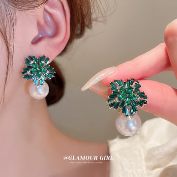 Crystal Flower and Pearl Drop Stud Earrings Fashion Jewelry