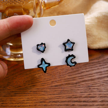 Black Star Moon Iridescent Four Pair Stud Earring Set
